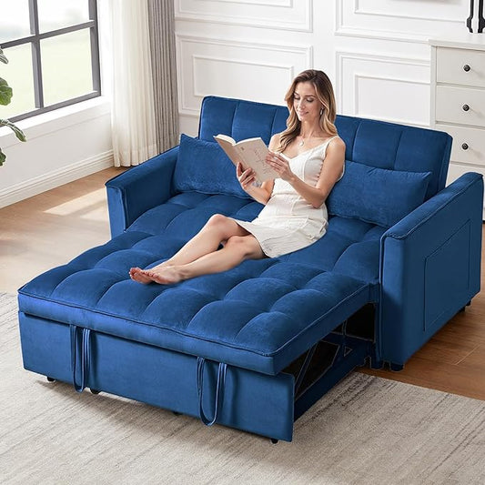 3 in 1 Pull Out Couch Bed Convertible Futon Sofa Bed Velvet Sleeper Loveseat for Small Living Room Adjustable Backrest Comfy Pillows Side Pocket (Blue)