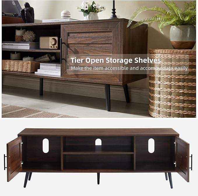 EDYO LIVING Mid Century Modern TV Stand for 65 TV Wood TV Stand with Storage Cabinet and Open Shelf Entertainment Center TV Console Table for Living Room Dark Walnut