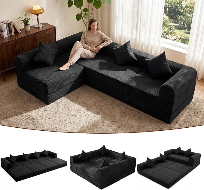 112.2 Modular Sectional Sofa 4-Seater All-Foam Boneless Cloud Couch Corduroy Foldable Convertible Sofa Bed Futon Sleeper Floor Sofa for Living Room No Assembly Required Black