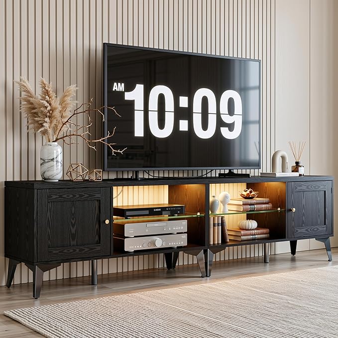 LIKIMIO 2-in-1 TV Stand for 85 Inch TV Black TV Consoles with LED Lights &amp Charging Station Entertainment Center with Storage Cabinets &amp Adjustable Glass Shelves TV Table for Living Room &a