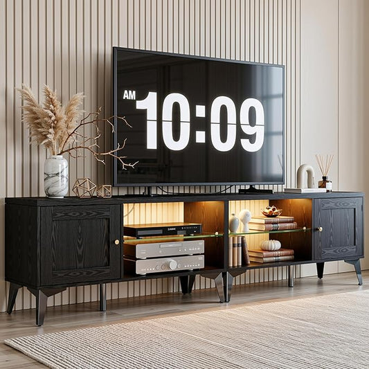 LIKIMIO 2-in-1 TV Stand for 85 Inch TV Black TV Consoles with LED Lights &amp Charging Station Entertainment Center with Storage Cabinets &amp Adjustable Glass Shelves TV Table for Living Room &a