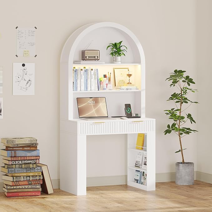 Arched Desk for Home Office Computer Desk with 2 Drawers &amp Hutch Wood Writing Desk with Power Outlets 3 Color LED Lights Side Open Shelves Modern Fluted Design 35.4 W x 70.8 H (White)