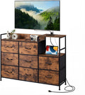 TV Stand with Charging Station Entertainment Center with 8 Fabric Drawer TV Media Console Table Open Storage Shelves Wood Top for Living Room Hallway Rustic Brown