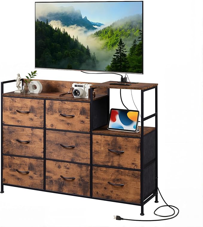 TV Stand with Charging Station Entertainment Center with 8 Fabric Drawer TV Media Console Table Open Storage Shelves Wood Top for Living Room Hallway Rustic Brown
