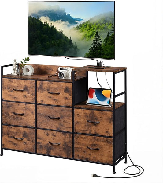 TV Stand with Charging Station Entertainment Center with 8 Fabric Drawer TV Media Console Table Open Storage Shelves Wood Top for Living Room Hallway Rustic Brown