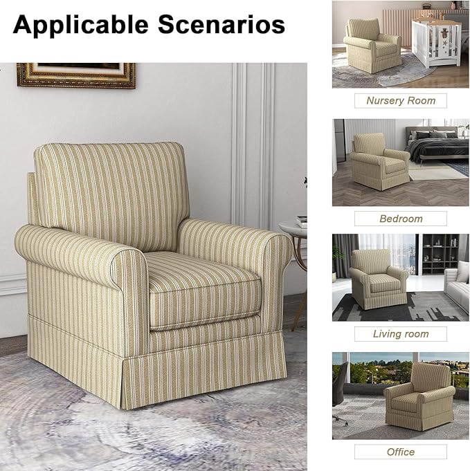 INZOY Swivel Accent Chair Linen Mid Century Modern Chair Comfy Swivel Barrel Reading Chair Upholstered Square Chair for Living Room Bedroom Small Spaces Fully Assembled Brown Stripe