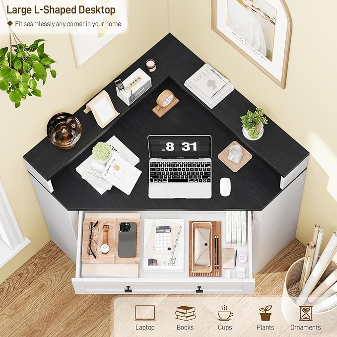 Corner Desk Triangle Computer Desk Home Office Workstation with Drawer and Monitor Stand for Small Spaces Farmhouse Corner Vanity Table for Bedroom Study Living Room (Rustic White and Black)