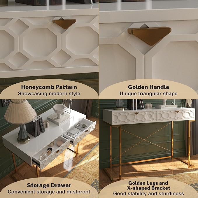 Clihome Console Table with 2 Drawers 42'' Entryway Table with Storage Desktop Sofa Table Hallway with Golden Legs and X-Shaped Bracket