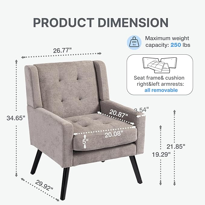 Mid-Century Modern Accent Chair Set of 2 Plush Linen Fabric with Button Tufted High Back &amp 5 Thick Cushion High Comfort Reading Chair for Living Room Bedroom Office (Light Gray)