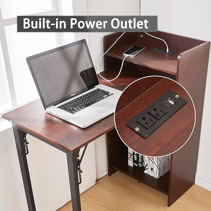 Fold Out Desk with Storage and Built-in Outlet Mid Century Foldable Desk for Small Spaces Hidden Folding Table for Home Office or Bedroom (Brown)