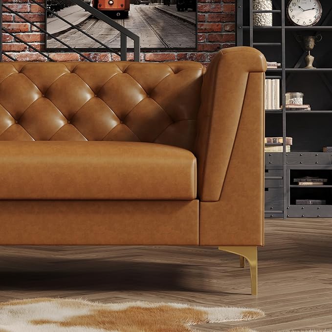 60 Mid-Century Modern Sofa CouchFaux Leather 2 Seater Sofa and Comfortable CushionsComfy Deep Seats Sofa Modern Couch for Living RoomOffice Apartment Small SpaceTool-Free AssemblyBrown