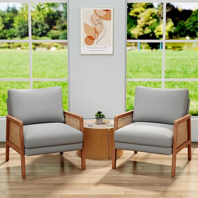 WENTMENT Rattan Accent Chairs Set of 2 Modern Armchair with Natural Rattan Armrest Upholstered Living Room Chair Comfy Single Sofa Chair for Reception Room/Hosting Room/Bedroom(Grey)