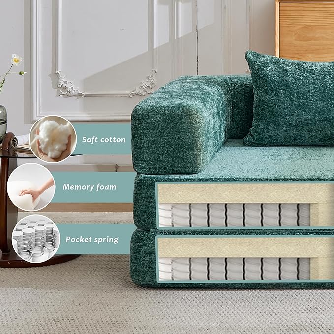 Folding Sofa Bed Convertible Floor Sleeper Chair Comfy Futon Floor Couch 2 in 1 Pull Out Single Boneless Sofa for Living Room Bedroom No Assembly (Chenille Dark Green)