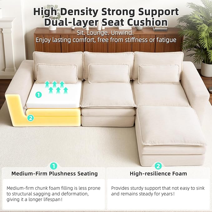 109 Sectional Couches Boneless Modular Sofa for Living Room with Ottoman | No Assembly Required Sofa Bed L shaped Couch | Corduroy Deep Seat Couch with Double Layer Cushion &amp Removable Cover | Be