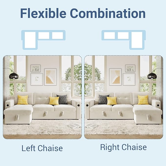 GarveeHome 84 Inch Sleeper Sofa Couch L-Shaped Couches Convertible Pull Out Sofa Bed with Storage Charging Station Led Lights Modern Sectional Sofas for Living Room Apartment Velvet Beige
