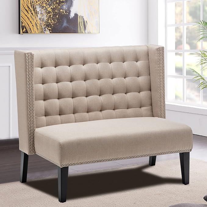 Yongqiang Modern Upholstered Bench with Back Tufted Loveseat Settee for Dining Room Living Room Entryway Sofa Couch Banquette with Wood Legs Khaki