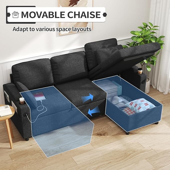 DURASPACE Sleeper Couch Pull Out Sofa Bed 2 in 1 Convertible Sofa Sleeper with Storage L Shaped Sectional Couch Bed for Small Spaces Living Room Bedroom Apartment (Dark Gray)