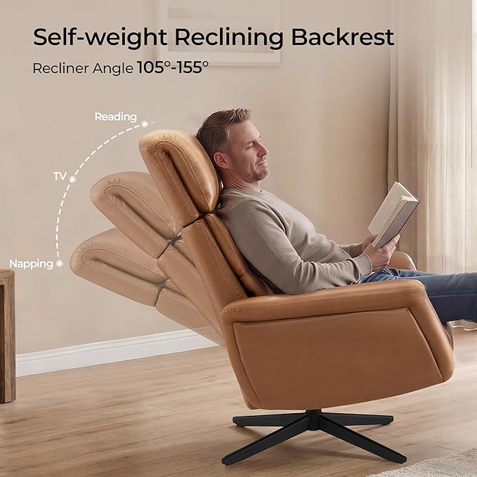CHITA Genuine Leather Self-Weight Reclining Swivel Chair with Adjustable Headrest and Ottoman for Living Room Office Saddle