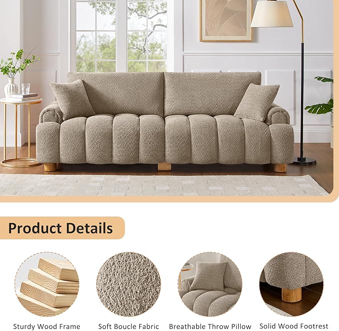 VANOMi Boucle Sofa Couch 91 Comfy Tufted Upholstered Cloud Couches Modern 3 Seater Sofa with Pillows Oversized Deep Seat Sherpa Couch for Living Room Bedroom Apartment (Camel Color)