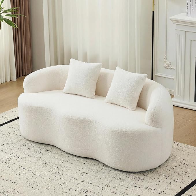 67”Curved Loveseat for Living Room Deep Seat Cloud Loveseat with 2 Throw Pillows Modern Loveseat Adopt Teddy Fabric for Small Spaces The Love Seat Couch No Assembly Needed White Loveseat