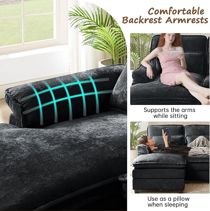 113 U Shaped Sectional Sofa Comfy Cloud Couch Chenille Sofa Sleeper Deep Seat Sofa with 4 Throw Pillows 4-Seater Double-Layer Modern Sofa for Living Room Black