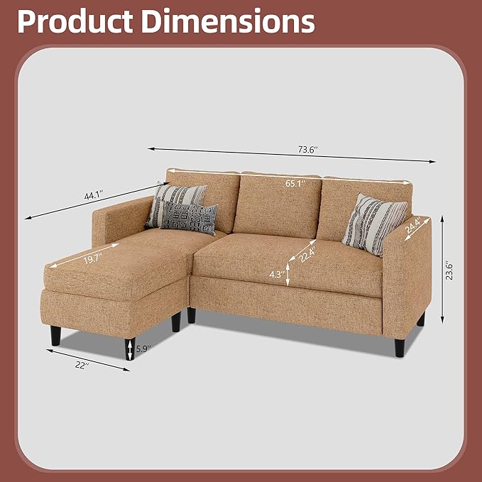 JAMFLY Sectional Couch Sofa Convertible L Shaped Sofas with Ottoman Small Sectional Sofa for Living Room 3 Seater Couch for Small Spaces Brown