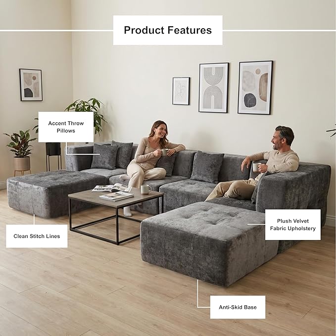 · REDEARTH · 6-Seater Modular Velvet Sectional Sofa No-Assembly U-Shaped Compressed Couch in Box with Ottoman Boneless Modular System in Plush Velvet for Living Room (4-Seater + 2-Ottoman)Dark Gray