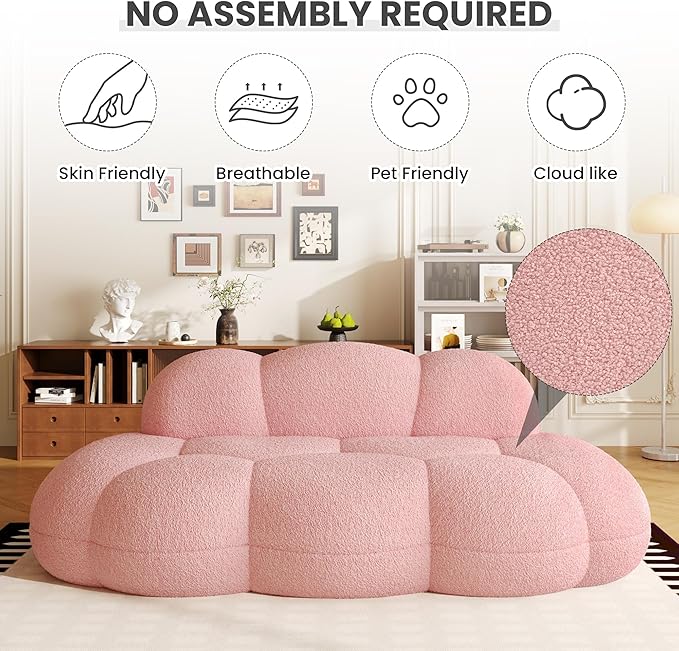 90 Curved Pink Boucle Couch Comfy Cloud Shaped Boneless Couches for Living Room Modern Deep Seat Loveseat Lazy Floor Sofa for Bedroom Apartment Small Space (No Assembly)