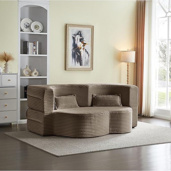 2 in 1 Folding Floor Couch Sofa Bed with 2 Pillows Convertible Sleeper Sofa Modern Full Mattress for Living Room Guestroom Plush Corduroy Floor Sofa BedNo Assembly RequiredCoffee