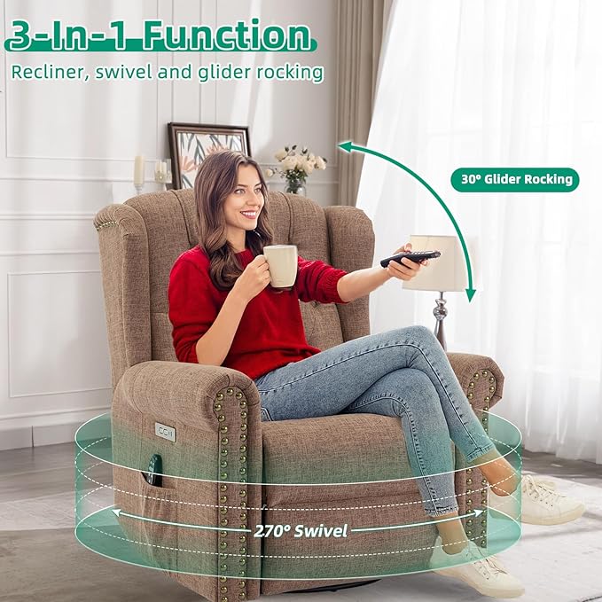 VIVIJASON Power Swivel Rocking Recliner Chair with Massage &amp Heat Electric Rocker Nursery Glider Chair Wingback Tufted Upholstered Recliner W/Type-C &amp USB Ports for Living Room Bedroom Bro