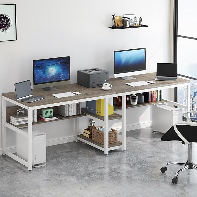 Tribesigns Two Person Desk with Bookshelf 78.7 Computer Office Double Desk for Two Person Rustic Writing Desk Workstation with Shelf for Home Office (Gray/White)