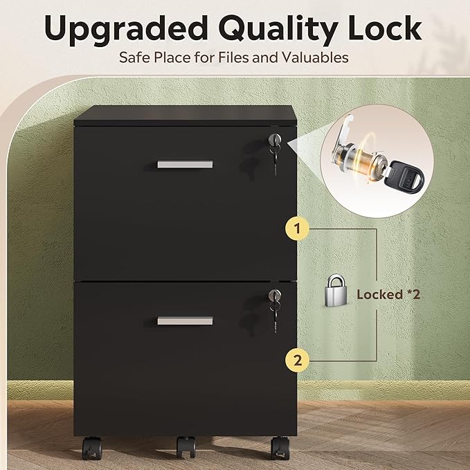 DEVAISE 2 Drawer File Cabinet Mobile Printer Stand Wood Filing-Cabinet fits A4 or Letter Size for Home Office Black