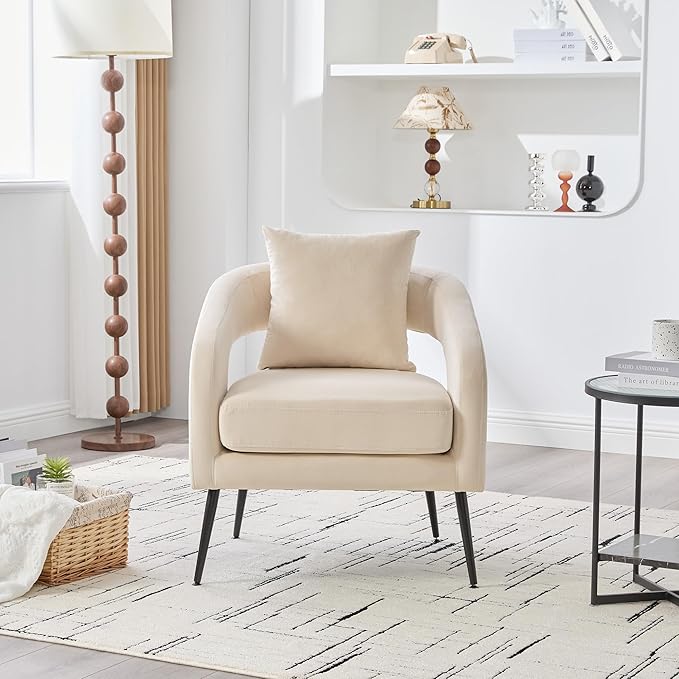 Mid Century Modern Accent Armchair - Velvet Upholstery with Removable CushionRound Arms &amp Sturdy Metal LegsComfortable Reading Chair for Living RoomBedroomApartment - Beige FabricBlack Legs