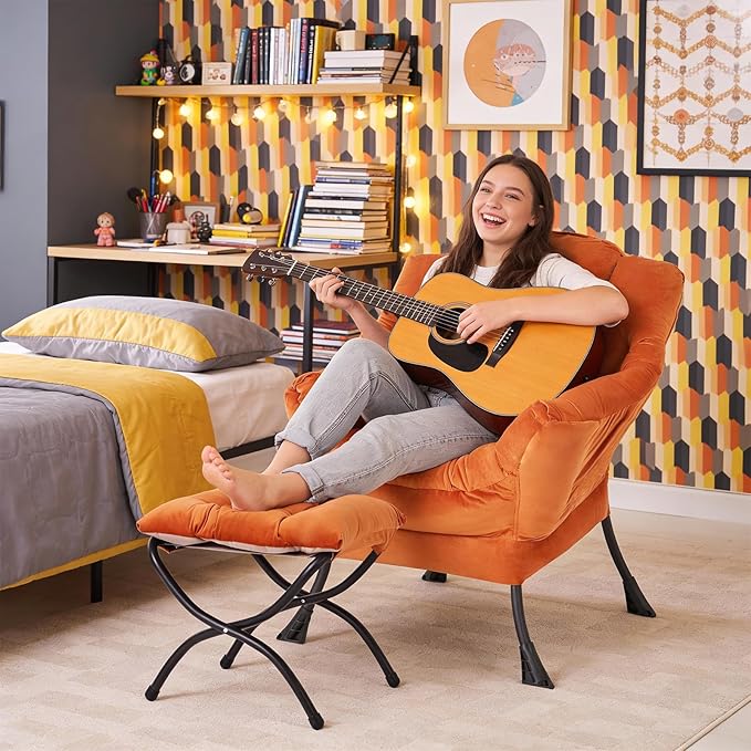 Lazy Chair with Folding Ottoman Modern Accent Armchair with Armrests Side Pocket &amp Foldable Footstool Reading Chair for Living Room Bedroom Dorm &amp Office Velvet Orange
