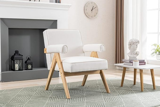 Leisure Chair with Solid Wood Armrest and Feet Mid-Century Modern Accent Chair for Living Room Bedroom Studio Chair