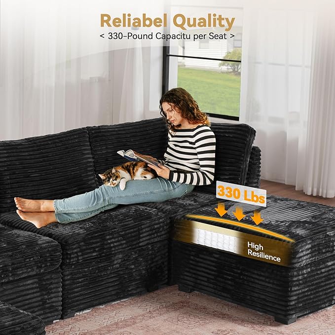 Modular Sectional Couch Mix and Match Pieces for Living Room Comfy Cloud Couches with Movable Ottoman DIY Combination Plush Corduroy Black