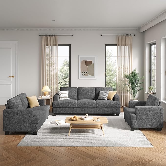 84 Inch Sofa with Extra Deep Seats Oversize Linen Fabric 2 Seater Sofa for Living RoomModern Couch and Loveseat Comfy Armrests and Seats and Backrests Easy Installation Dark Gray