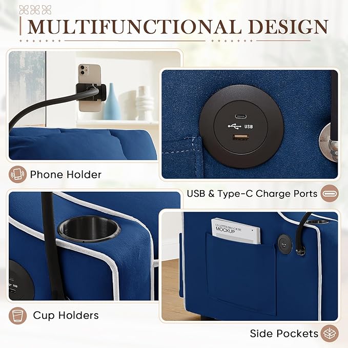 Convertible Sleeper Chair Sofa Bed3 in 1 Velvet Tufted Pull Out Couch with Phone Holder &amp USB PortsFuton Small Couch Bed with Cup Holders &amp Adjustable Backrest for Living RoomSmall Place(Bl