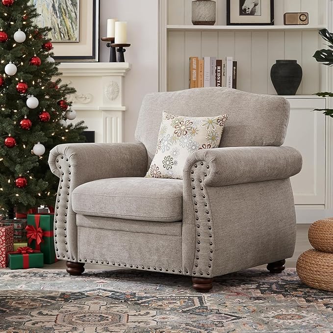 ONBRILL Nailhead Trim Armchair Rolled Arm Accent Chair for Living Room Comfy Chenille Club Sofa Chair w/Springs Cushions &amp Wood Legs Traditional Single Couch Chair for Apartment Farmhouse Bei