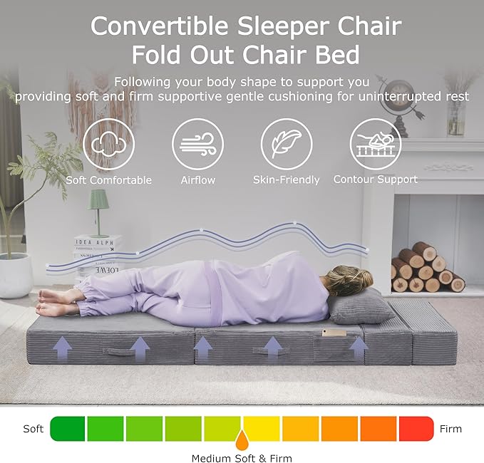 Folding Sofa Bed 4 in 1 Convertible Sleeper Chair with Pillow Queen Memory Foam Fold Out Chair Bed Modern Floor Futon Sofa Couch Mattress for Living Room/Guest/Apartment Light Gray