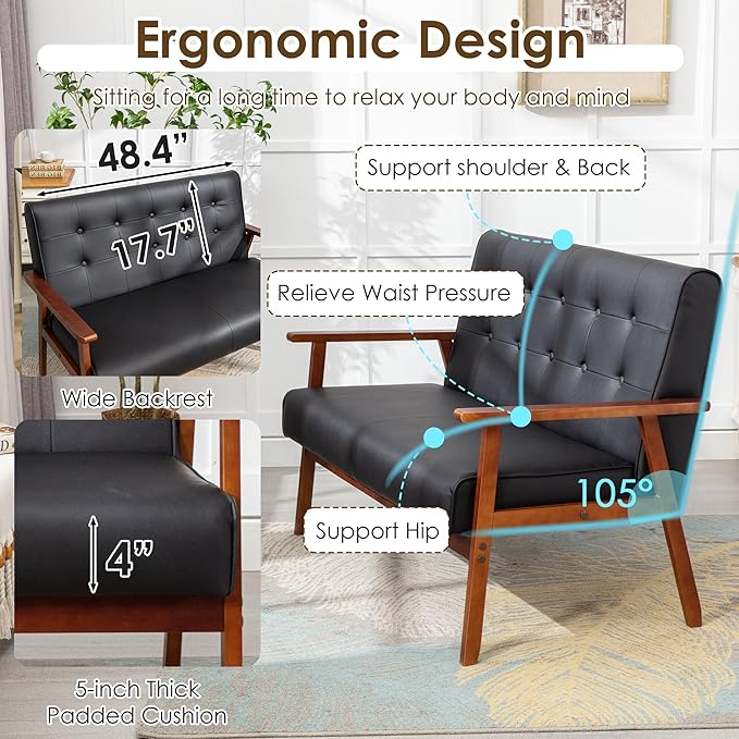 STHOUYN Black Small Leather Couch for Office Booth Seating 2 Person Waiting Room Bench Couch Mid Century Modern Loveseat Wood Sofa (Black)