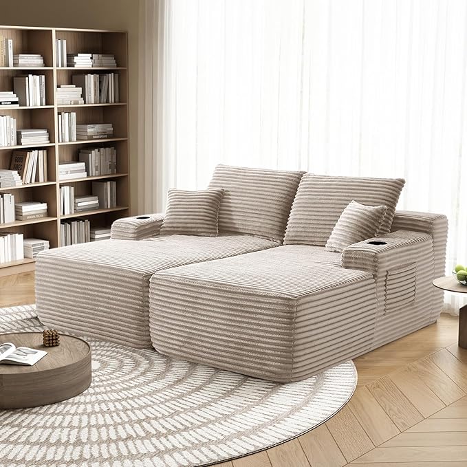 69 Oversized Boneless Sofa Bed Double Chaise Lounge Chair Indoor Plush Corduroy Sectional Couches for Living Room Comfy Cloud Couch No Assembly(Camel)