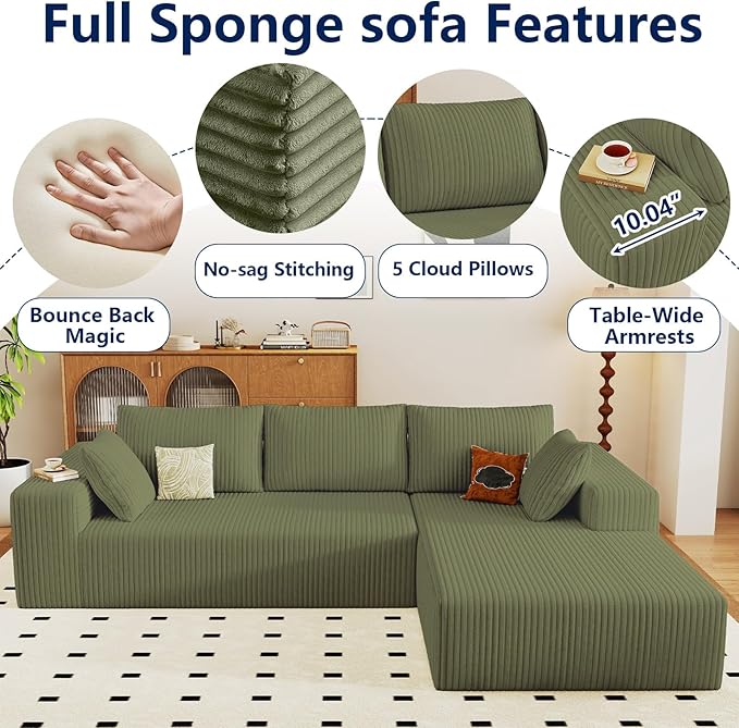 96 Modular Sectional Sofa Modern Corduroy Cloud Couch with Deep Seat Boneless Couch Upholstered 3-Seater L-Shaped Sofa for Living Room No Assembly Required (Green Right-Facing Chaise)