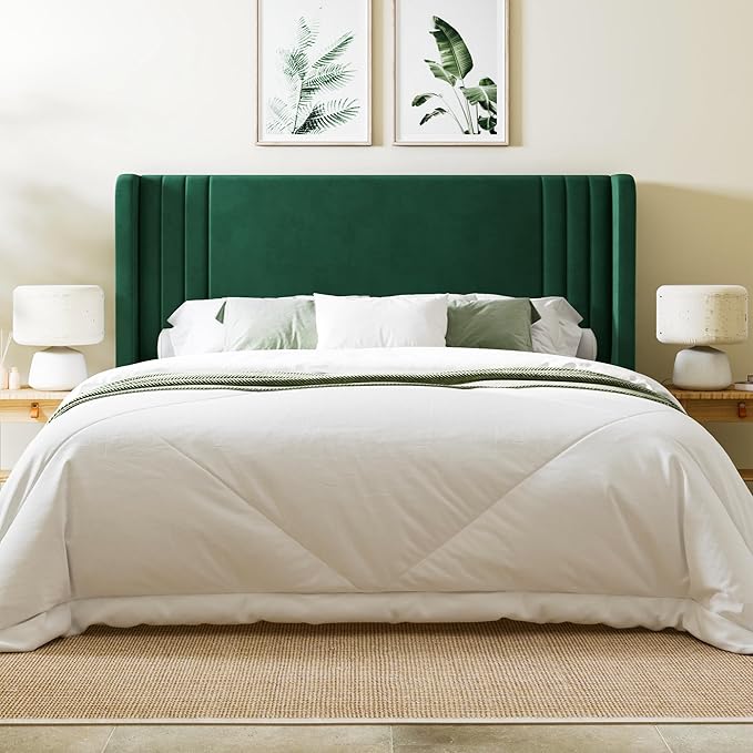 Allewie Full Size Velvet Platform Bed Frame with Vertical Tufted Wingback Headboard Easy Assembly Under Bed Storage No Box Spring Required Modern Style Green