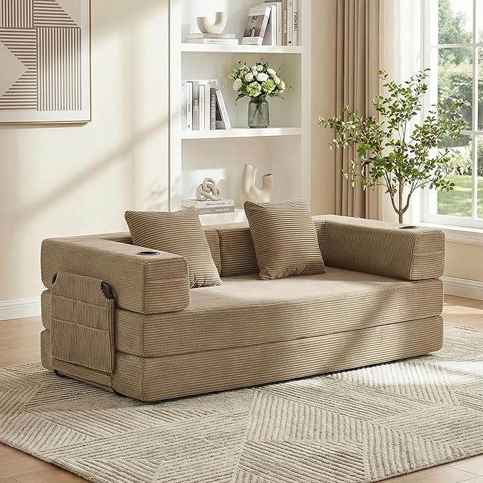 WELAX 72.8 Convertible Sleeper Sofa Bed Boneless Cloud Queen Futon Couches with Cupholders &amp Storage Pockets Corduroy Folding Floor Couch for Bedroom Apartment No Assembly Khaki