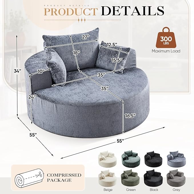 Modern Round Accent Sofa Chair for Living Room Upholstered Chenille Barrel Lounge Arm Chair with Large seat&ampThrow Pillows for Bedroom Office Apartment Grey