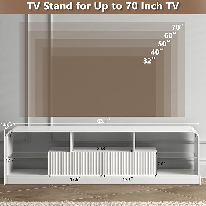 TV Stand for 60/65/70 Inch TVs Modern Curved TV Console with LED Lights 2 Drawers &amp Glass Shelves Living Room Entertainment Center