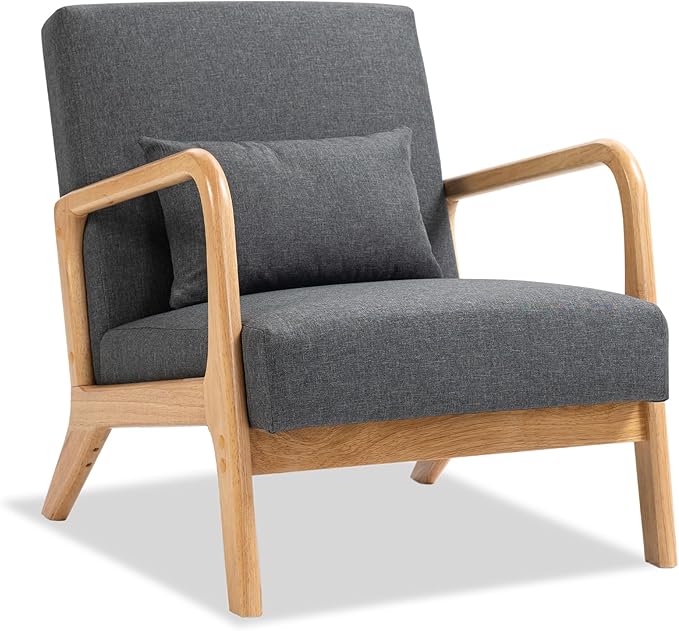 Accent Chair Mid Century Modern Armchair with Pillow Upholstered Lounge Sofa Reading Side Chair for Living Room Bedroom（Dark Grey Set of 1