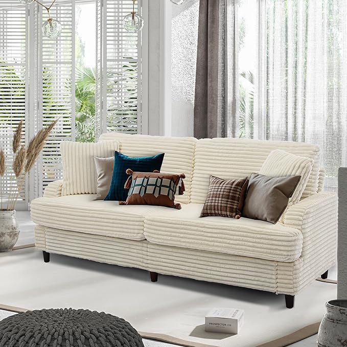 80 Inch Sofa Couch Comfy Love Seat Couches for Living Room Mid Century Modern Oversized Two Seater Couch Plush Corduroy Deep Seat Sofas for Bedroom Small Space Apartment Beige