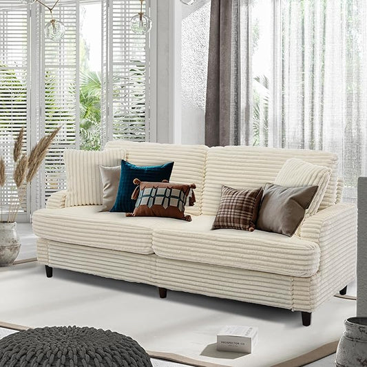 80 Inch Sofa Couch Comfy Love Seat Couches for Living Room Mid Century Modern Oversized Two Seater Couch Plush Corduroy Deep Seat Sofas for Bedroom Small Space Apartment Beige